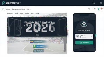Polymarket预测市场操作界面 2026世界杯倒计时主题 钱包连接与USDC充值示意图 文字Polymarket