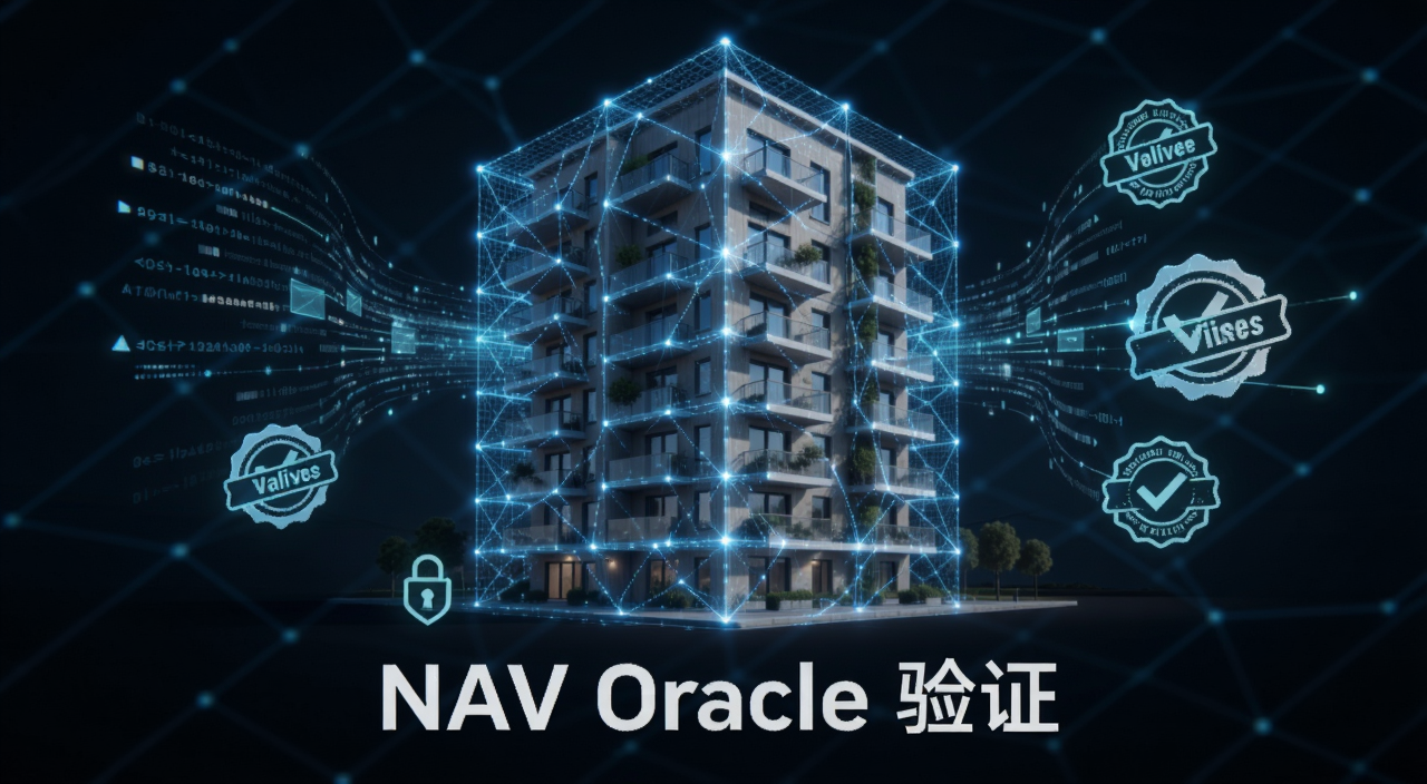 什么是NAV Oracle 房地产代币化资料验证机制解析,画面中央是一栋现代公寓楼被数字化网格覆盖,旁边有数据流和验证印章图标,下方文字标注“NAV Oracle 验证”