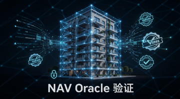 什么是NAV Oracle 房地产代币化资料验证机制解析,画面中央是一栋现代公寓楼被数字化网格覆盖,旁边有数据流和验证印章图标,下方文字标注“NAV Oracle 验证”