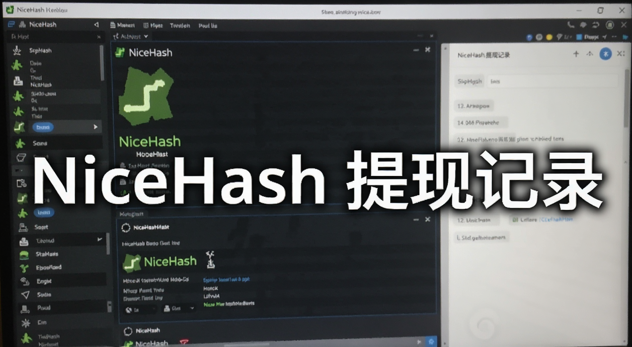 一张手机显示NiceHash收益提现页面截图,背景是电脑屏幕上的挖矿软件,文字注明“NiceHash 提现记录”