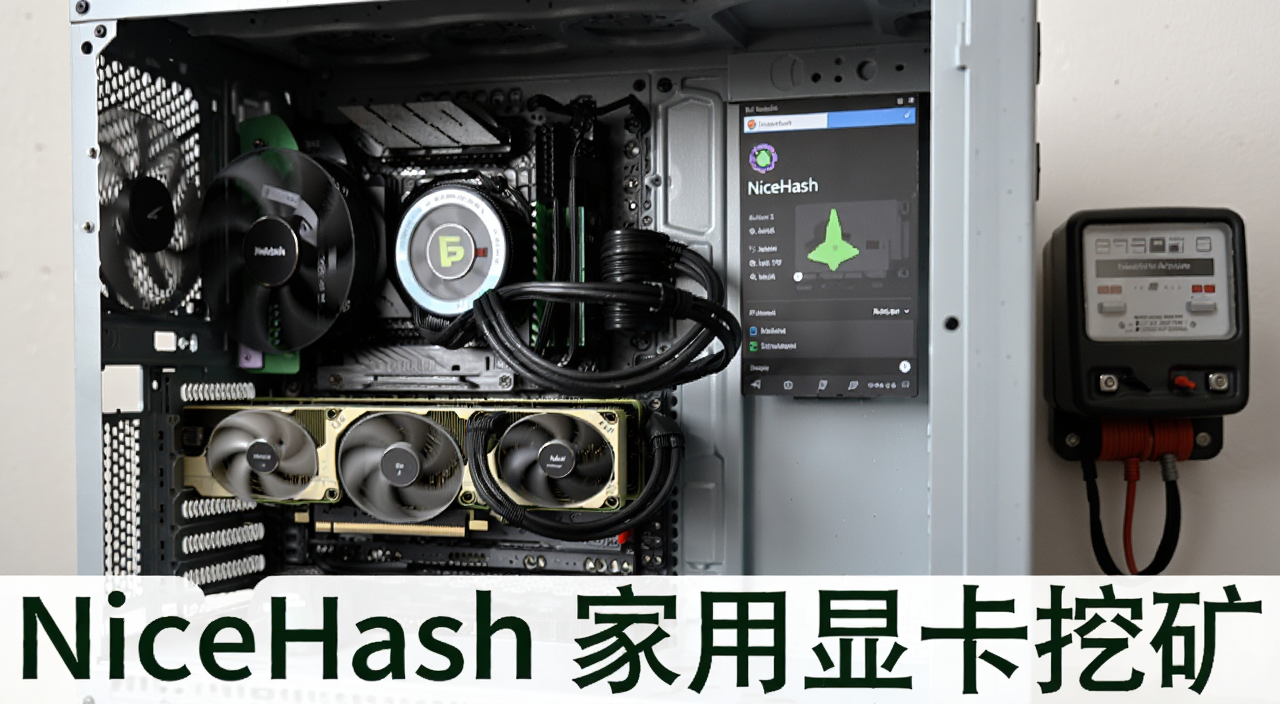 一张家用电脑机箱内部特写,显卡风扇正在转动,屏幕显示NiceHash挖矿平台界面,旁边有电表,画面带文字“NiceHash 家用显卡挖矿”
