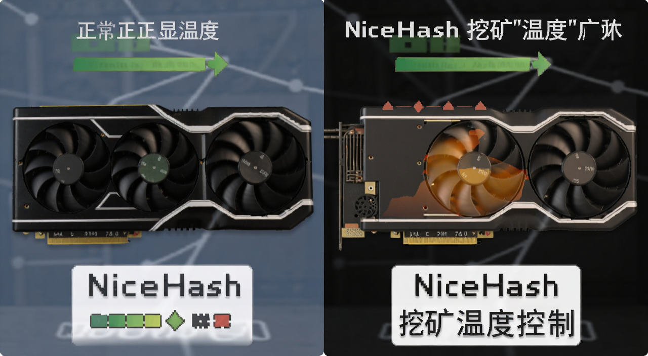 一张对比图,左边是正常显卡温度,右边是挖矿时显卡温度,文字标注“NiceHash 挖矿温度控制”