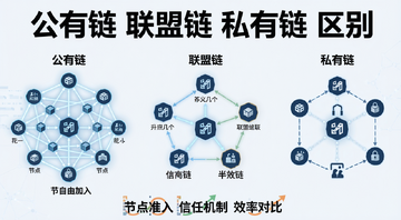 一张信息图展示三种区块链网络拓扑结构对比,左边是公有链节点自由加入的网状图,中间是联盟链几个机构互联的半开放图,右边是私有链单一中心控制的封闭图,图上方用大字标注“公有链 联盟链 私有链 区别”,下方用小字标注“节点准入 信任机制 效率对比”