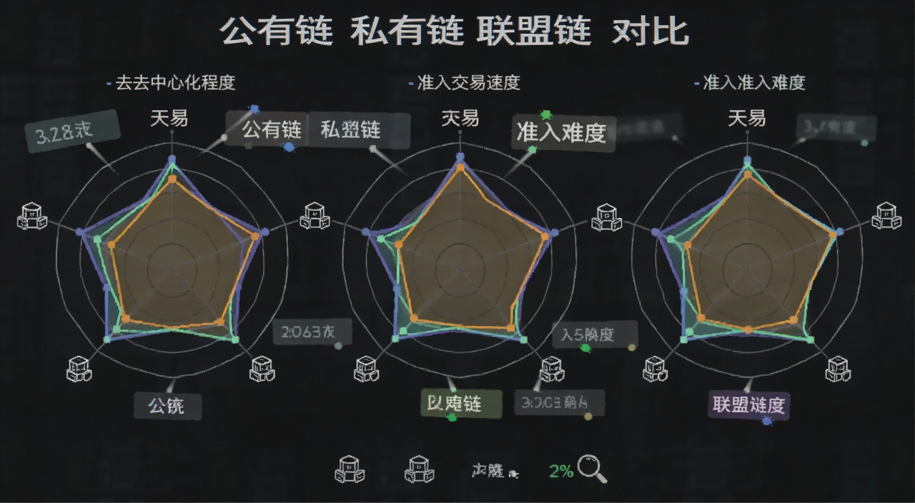 对比图表展示公有链私有链联盟链在去中心化程度、交易速度、准入难度三个维度的雷达图,关键词标注“公有链 私有链 联盟链 对比”