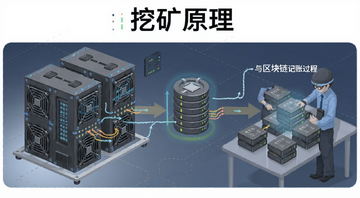 加密货币挖矿原理示意图 矿机运转与区块链记账过程 图中文字标注“挖矿原理”