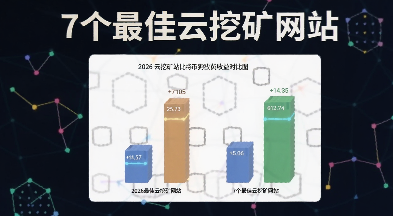 2026年云挖矿网站比特币狗狗币收益对比图,文字注明“7个最佳云挖矿网站”