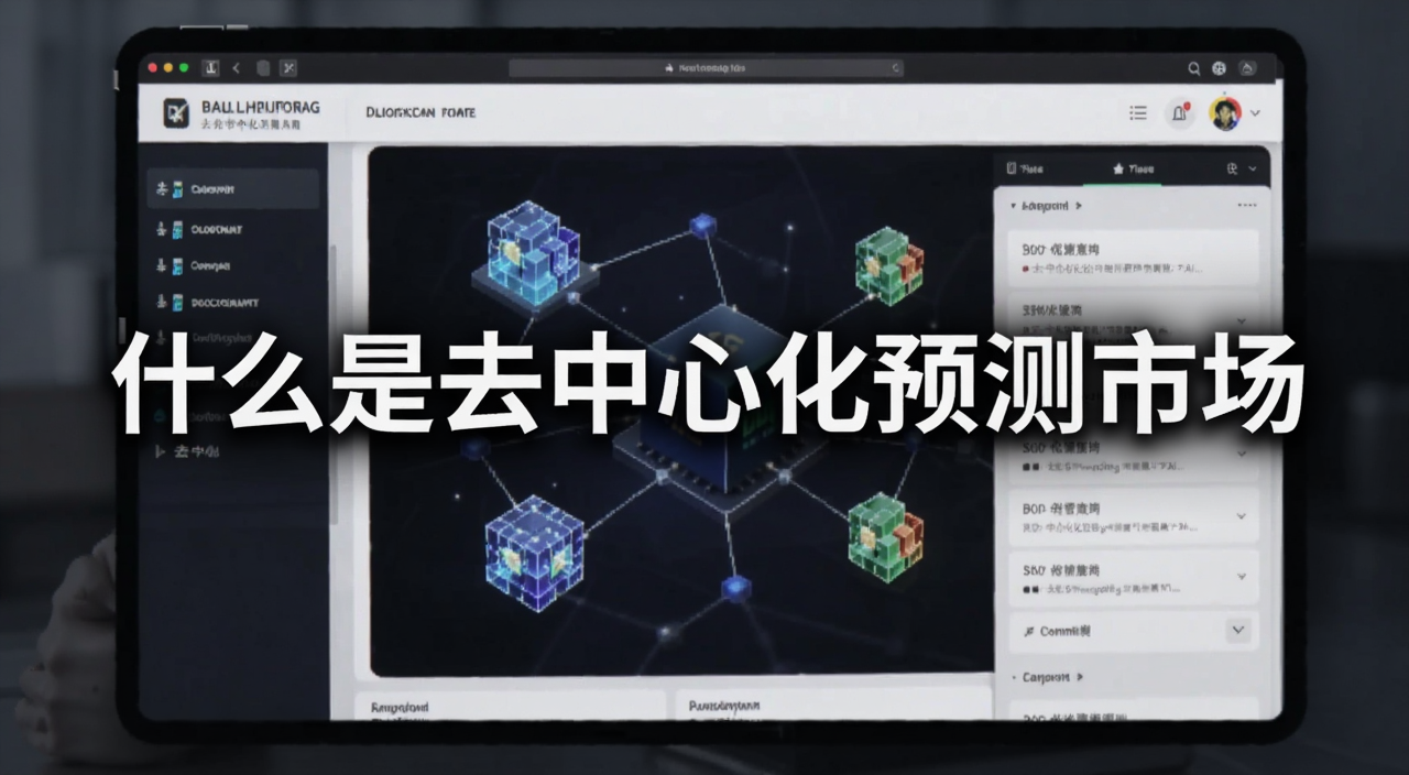 去中心化预测市场平台界面展示与区块链概念图,图片中央用大字标注“什么是去中心化预测市场”