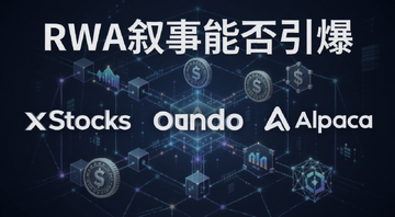 RWA叙事概念图,画面中央是xStocks、Ondo、Alpaca三个标志并列,背景是代币化股票与区块链网络交织,顶部文字标注“RWA叙事能否引爆”