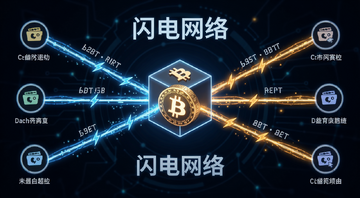 比特币闪电网络工作原理示意图,画面中央是比特币主链区块,两侧延伸出多条闪电通道连接不同钱包节点,用发光线条表示链下交易,标注“闪电网络”字样