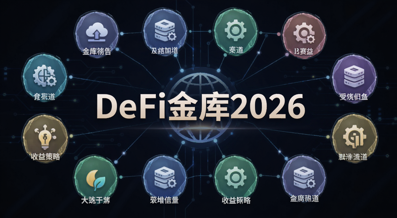 DeFi金库2026年度报告8大赛道全景示意图,画面中央用大字标注“DeFi金库2026”字样,周围环绕8个赛道图标代表不同收益策略方向