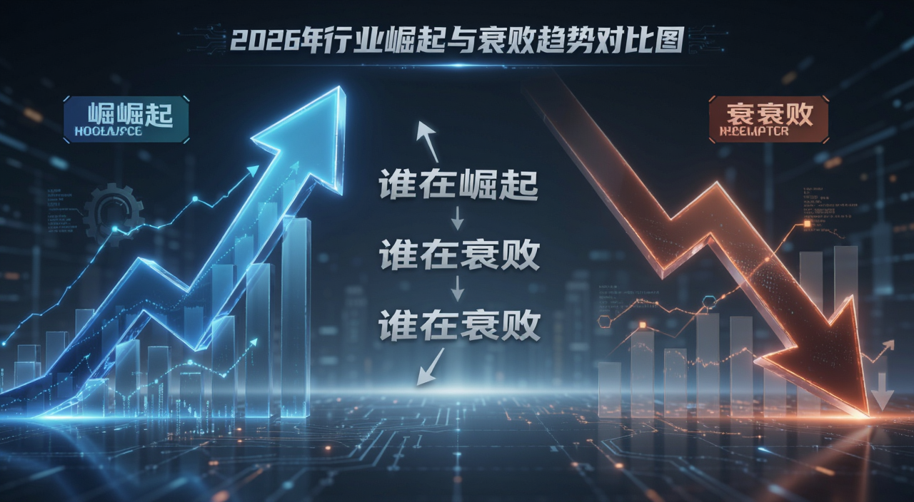 2026年行业崛起与衰败趋势对比图,画面左侧是上升的箭头代表崛起,右侧是下降的箭头代表衰败,中间用文字标注谁在崛起谁在衰败?核心关键词,整体风格简洁科技感