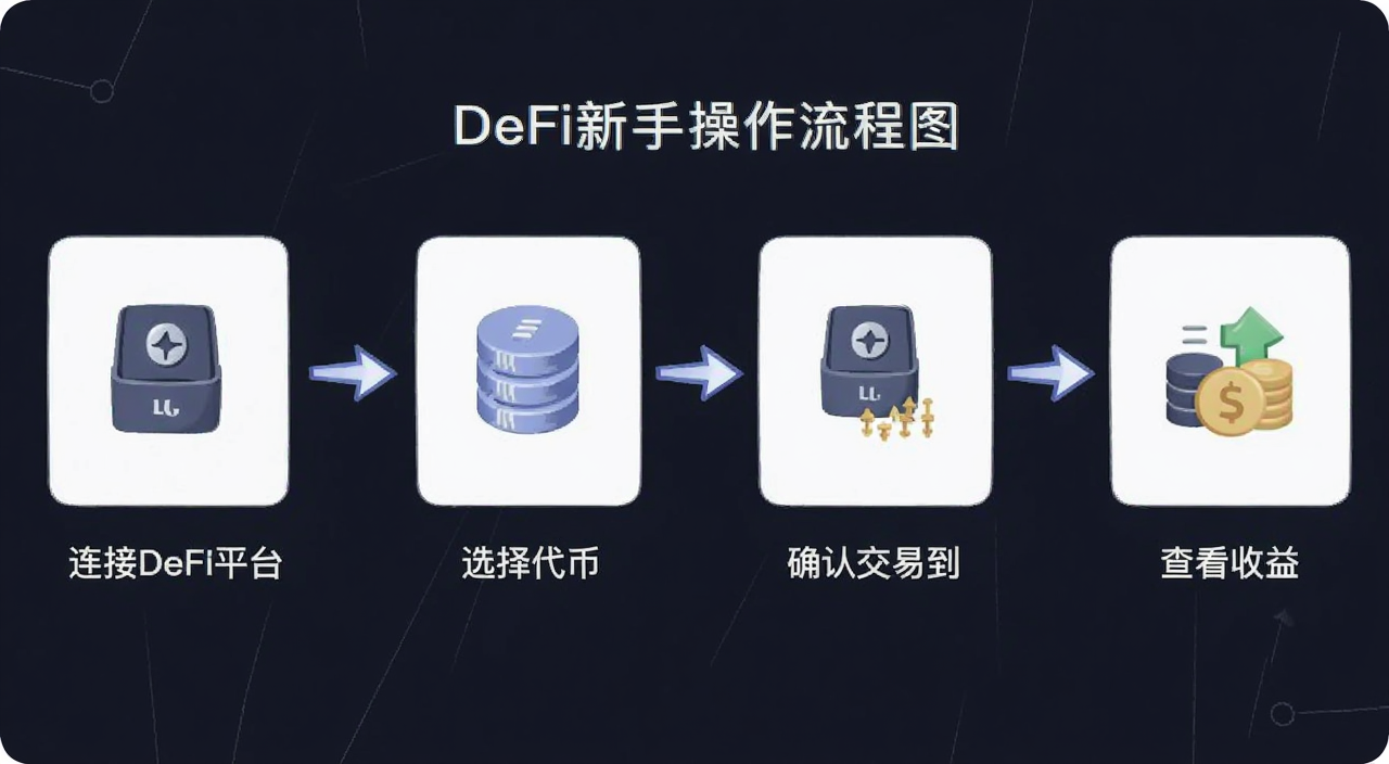 一张DeFi新手操作流程图,展示从创建钱包、连接DeFi平台、选择代币、确认交易到查看收益的步骤,画面简洁,用箭头连接,标注中文说明文字