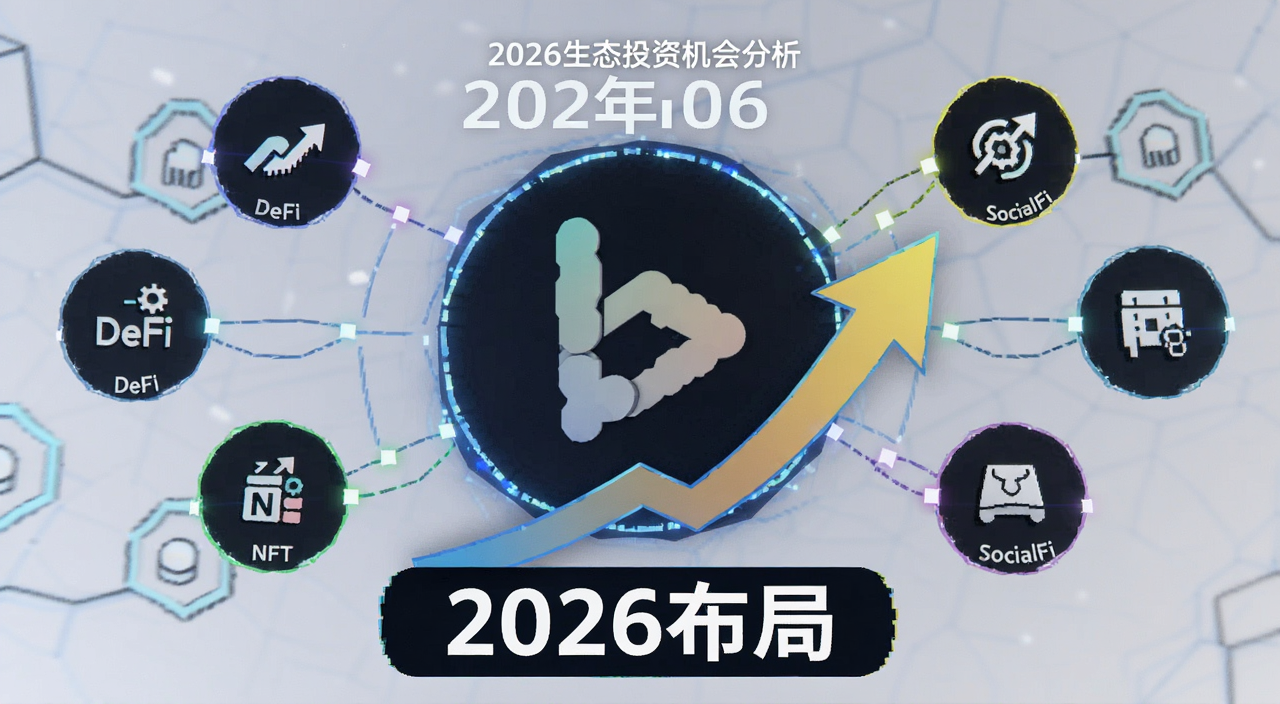 Base生态投资机会分析2026年最新策略示意图,画面中央是Base链logo与上升箭头,周围环绕DeFi、NFT、SocialFi等赛道图标,底部用文字标注“2026布局”