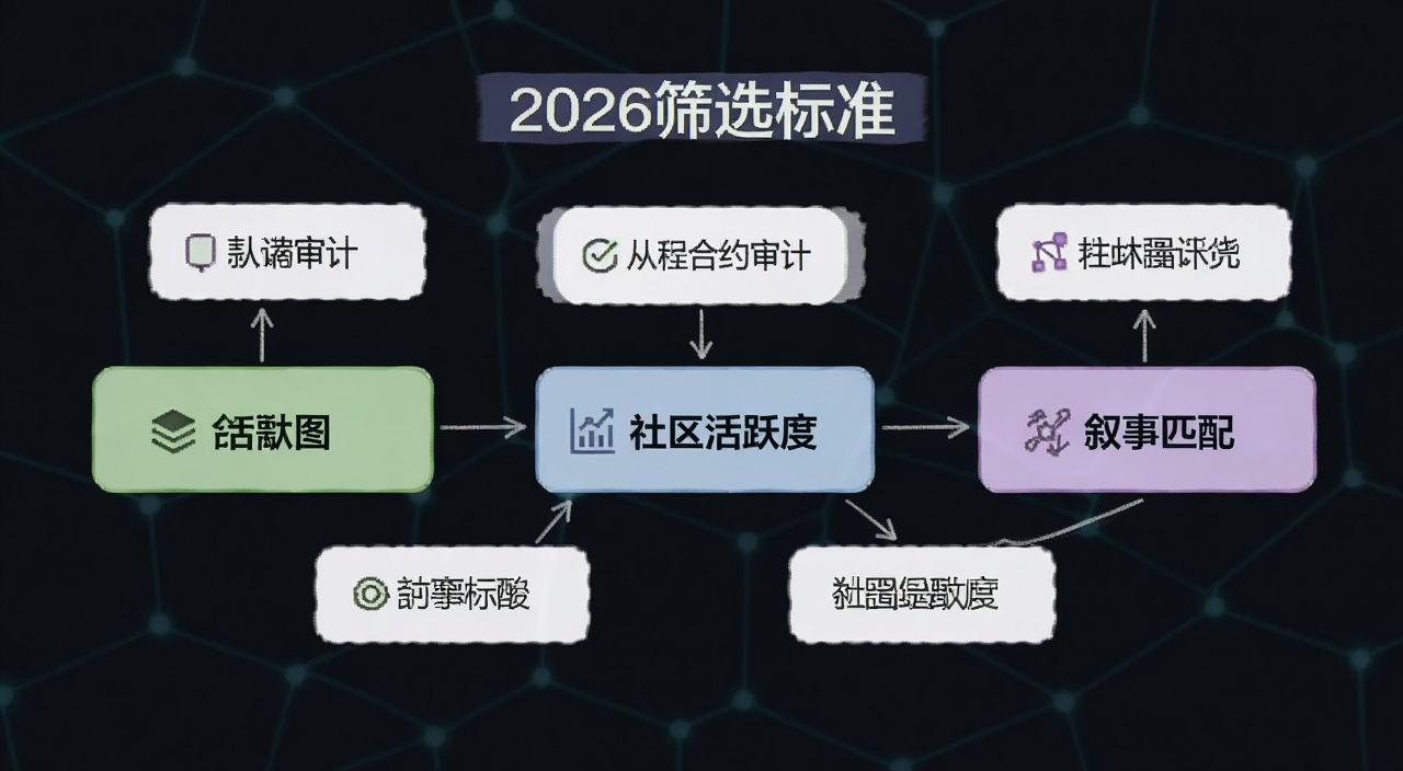 Base生态项目筛选流程图,从合约审计到社区活跃度到叙事匹配,用文字标注“2026筛选标准”