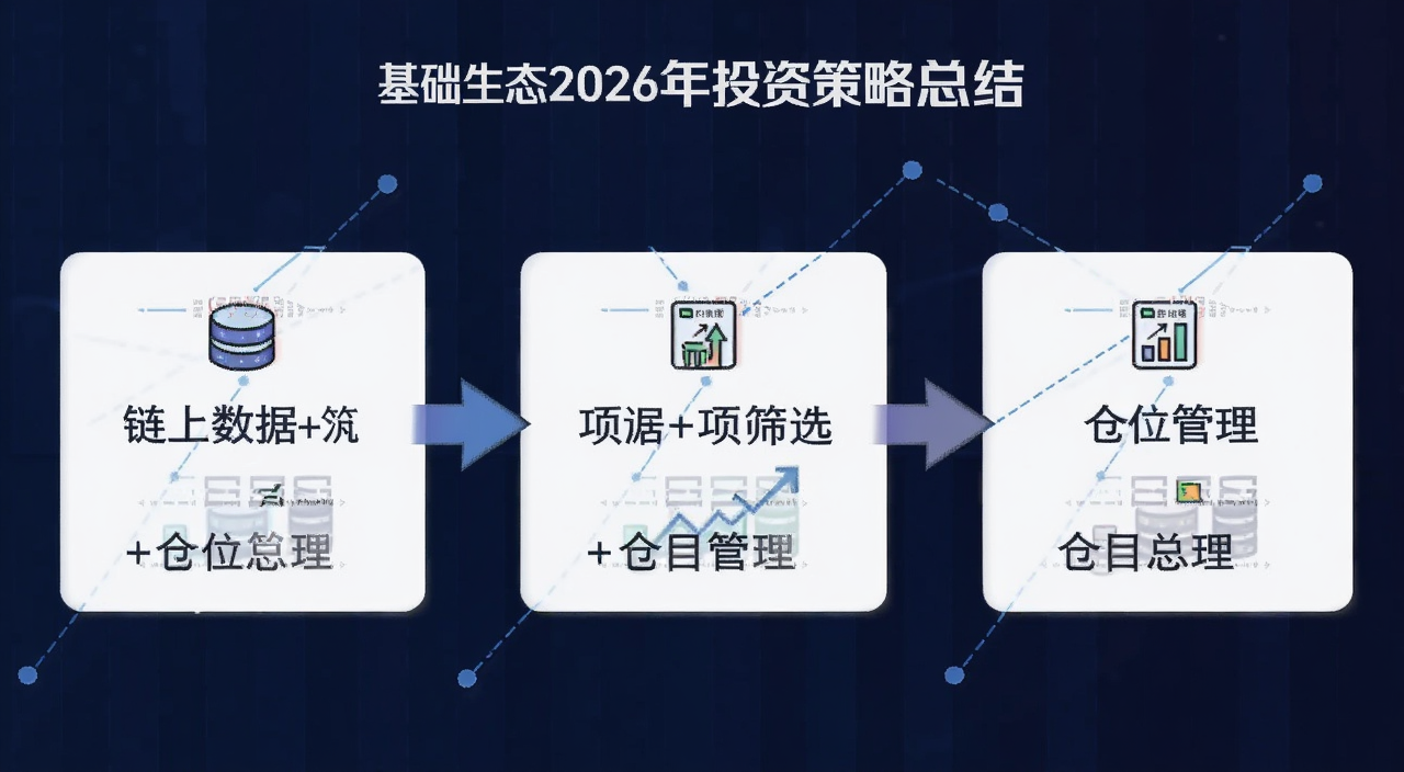 Base生态2026年投资策略总结图,用文字标注“链上数据+项目筛选+仓位管理”三大核心