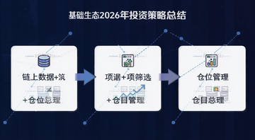 Base生态2026年投资策略总结图,用文字标注“链上数据+项目筛选+仓位管理”三大核心