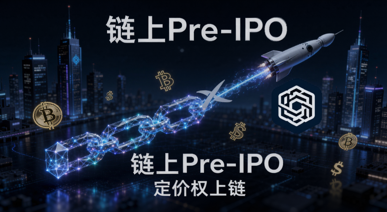 链上Pre-IPO概念图,画面中央是一条发光的区块链链条连接SpaceX火箭和OpenAI标志,周围环绕着数字货币符号,背景是科技感城市天际线,图片中文字标注“链上Pre-IPO”和“定价权上链”