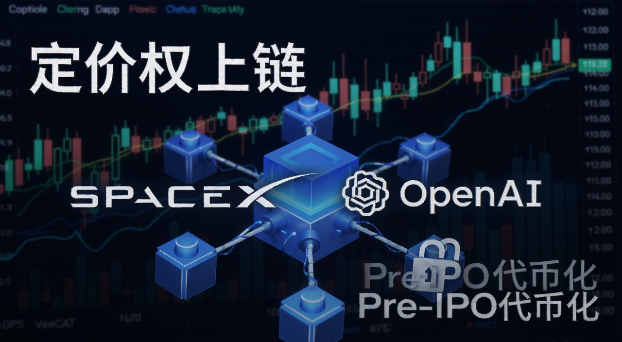 SpaceX和OpenAI标志在区块链节点上,背景是数字货币K线图,文字标注“定价权上链”和“Pre-IPO代币化”
