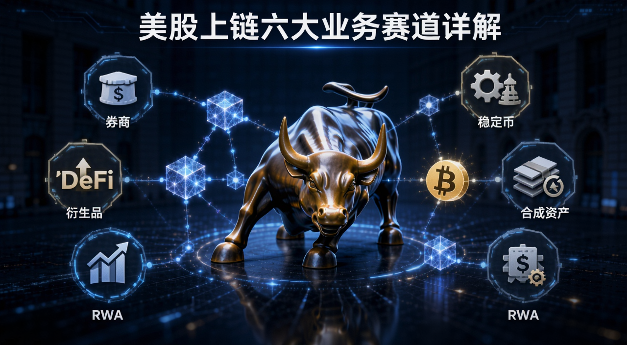 美股上链六大业务赛道全景示意图,画面中央是区块链节点连接华尔街铜牛与数字货币符号,周围环绕券商、稳定币、合成资产、RWA、DeFi、衍生品六个图标,标注“美股上链六大业务赛道详解”字样
