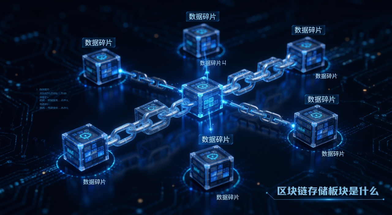 区块链存储板块概念示意图,画面中央用区块链链条连接多个分布式存储节点,节点标注“数据碎片”字样,整体科技蓝风格,右下角注明“区块链存储板块是什么”