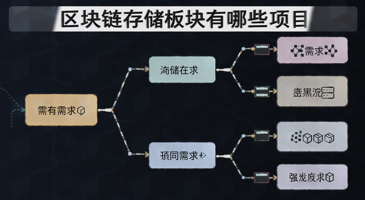 区块链存储项目选择决策流程图,画面用分支图展示不同需求对应不同项目,标注“区块链存储板块有哪些项目”