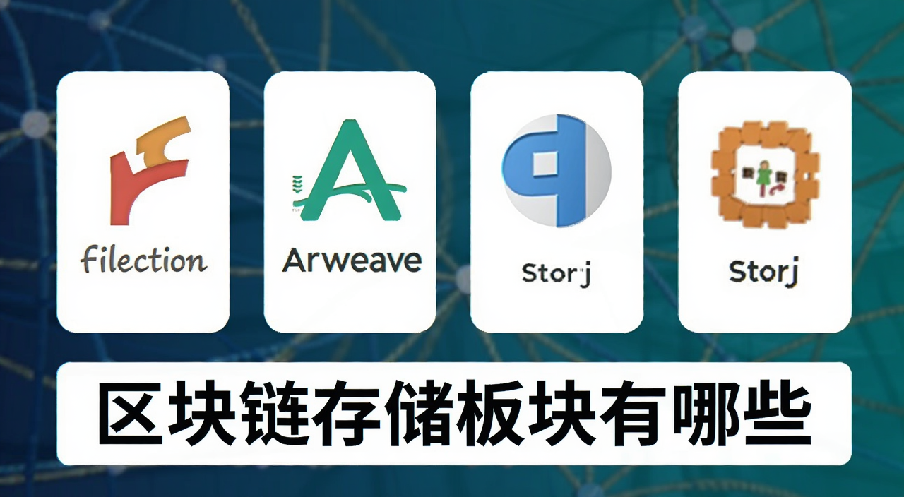主流区块链存储项目对比场景图,画面展示Filecoin、Arweave、Storj等标志并排,下方标注“区块链存储板块有哪些”文字