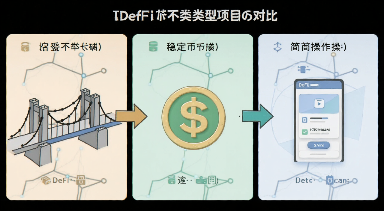 DeFi赛道不同类型项目对比,画面分三块区域分别画桥梁、稳定币符号、简化操作界面,中间用箭头连接,风格简洁信息图