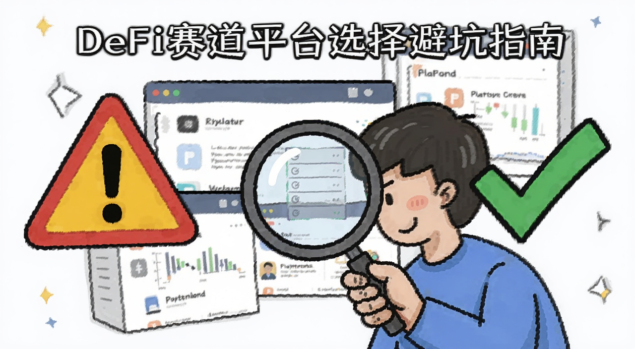 DeFi赛道平台选择避坑指南,画面一个人拿着放大镜看多个平台界面,旁边有警告标志和打勾标志,风格卡通实用