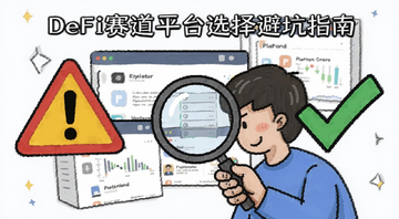 DeFi赛道平台选择避坑指南,画面一个人拿着放大镜看多个平台界面,旁边有警告标志和打勾标志,风格卡通实用