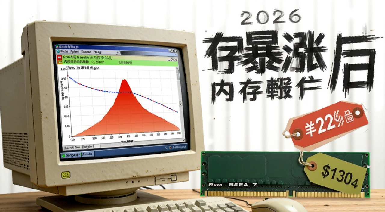 2026年内存暴涨后电脑卡顿解决教程封面图,画面中一台老电脑屏幕显示内存占用爆满的图表,旁边放着内存条和价格标签,文字标注“内存暴涨后”