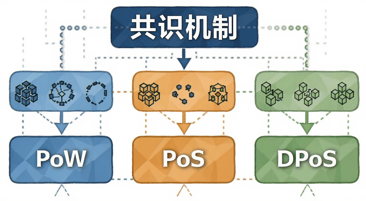 区块链共识机制PoW PoS DPoS全解析示意图,图中标注“共识机制”“PoW”“PoS”“DPoS”等核心文字