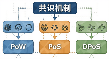 区块链共识机制PoW PoS DPoS全解析示意图,图中标注“共识机制”“PoW”“PoS”“DPoS”等核心文字