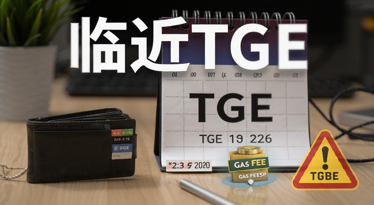 临近TGE 2026准备清单,画面中有钱包、日历标注TGE日期、Gas费提示、防骗警示图标,文字标注“临近TGE”