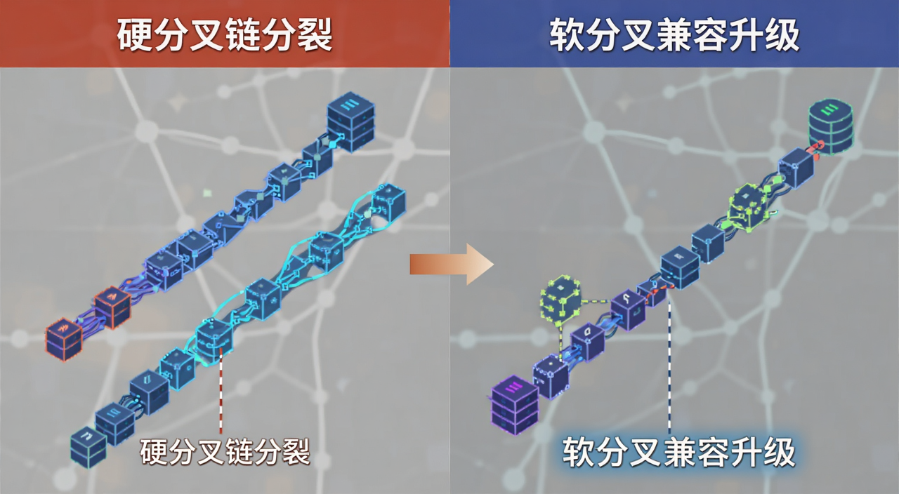 硬分叉和软分叉对比图,左边展示链分裂成两条平行链,右边展示单链上节点升级但未分裂,图中文字标注“硬分叉链分裂”“软分叉兼容升级”