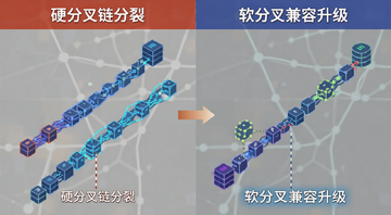 硬分叉和软分叉对比图,左边展示链分裂成两条平行链,右边展示单链上节点升级但未分裂,图中文字标注“硬分叉链分裂”“软分叉兼容升级”