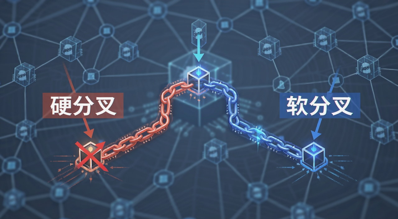 加密货币分叉示意图,画面中央一条主链分成两条岔路,左边标注硬分叉,右边标注软分叉,背景是区块链网络节点连接图,风格简洁科技感,图中文字用“硬分叉”“软分叉”标注