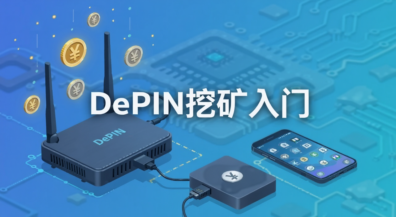 DePIN是什么?如何挖矿?4大热门DePIN赛道及项目介绍,封面图用一台家用路由器连接着硬盘和手机,旁边漂浮着代币符号,科技感扁平插画风格,画面中央有文字“DePIN挖矿入门”