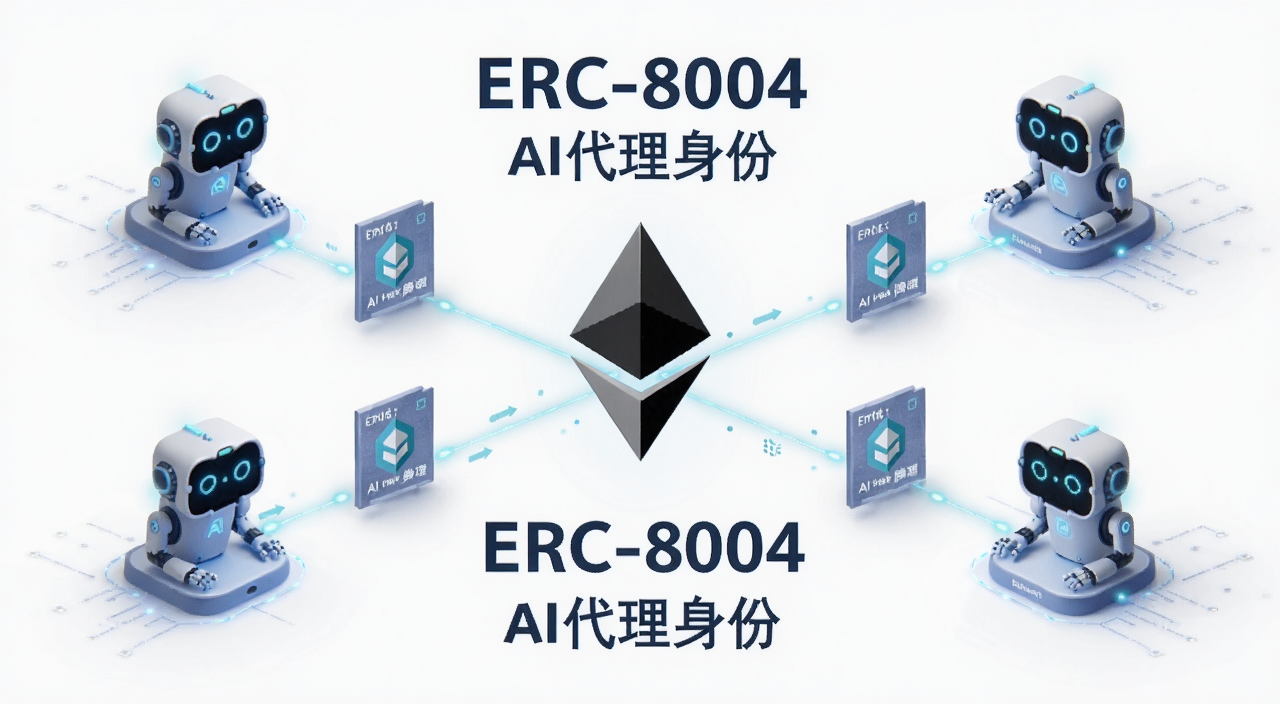 ERC-8004入门教程,以太坊区块链上AI代理身份认证的示意图,画面中有多个AI机器人节点通过链上身份证书互相连接,中间是以太坊标志,风格简洁科技感,文字注明“ERC-8004”“AI代理身份”