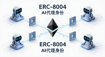 ERC-8004入门教程,以太坊区块链上AI代理身份认证的示意图,画面中有多个AI机器人节点通过链上身份证书互相连接,中间是以太坊标志,风格简洁科技感,文字注明“ERC-8004”“AI代理身份”