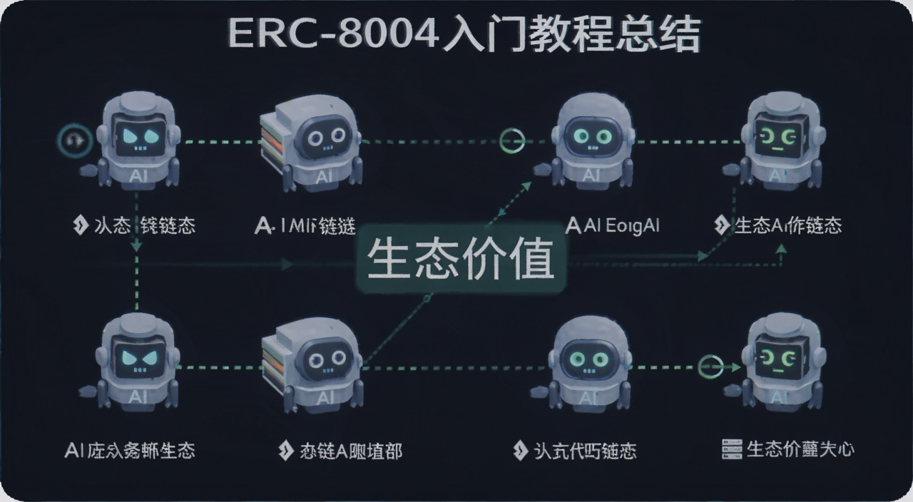 ERC-8004入门教程总结,以太坊AI代理生态价值示意图,画面展示多个AI代理通过链上身份协作完成交易,风格简洁,文字注明“生态价值”