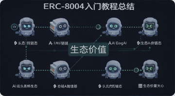 ERC-8004入门教程总结,以太坊AI代理生态价值示意图,画面展示多个AI代理通过链上身份协作完成交易,风格简洁,文字注明“生态价值”