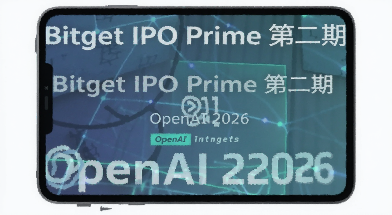 Bitget IPO Prime第二期 OpenAI 2026 打新界面概念图,图中文字标注“Bitget IPO Prime 第二期”和“OpenAI 2026”