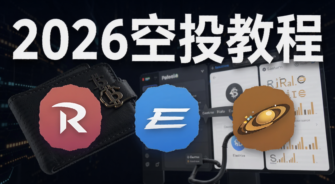 区块链空投交互教程封面图,画面中有Rialo、Elastics、Saturn三个项目的标志性图标,背景为数字货币钱包和交互界面,文字标注“2026空投教程”