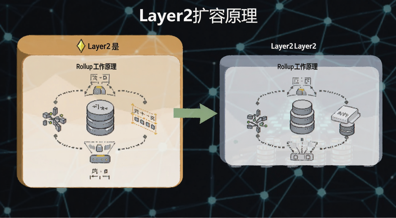 以太坊Layer2扩容方案示意图,图中标注Layer2是什么、Rollup工作原理,文字用“Layer2扩容原理”注明