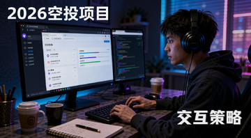 2026年重点空投项目交互策略与避坑指南,画面中一个年轻人坐在电脑前盯着多个区块链浏览器窗口,旁边散落着笔记和咖啡杯,屏幕上显示着空投任务列表和进度条,风格写实带点赛博朋克色调,文字标注“2026空投项目”和“交互策略”