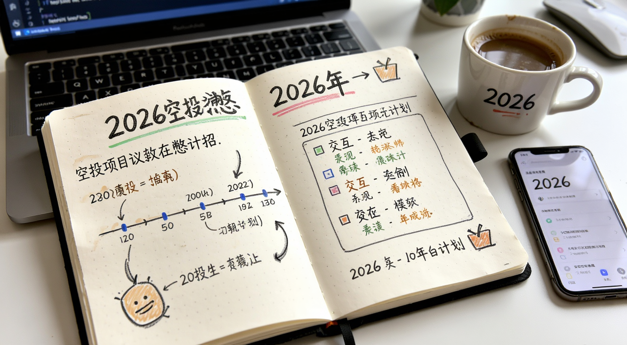 2026年哪些协议正在憋大招,一个笔记本上画着空投项目时间线和交互计划表,旁边有咖啡和手机,风格手账风,文字标注“2026空投计划”