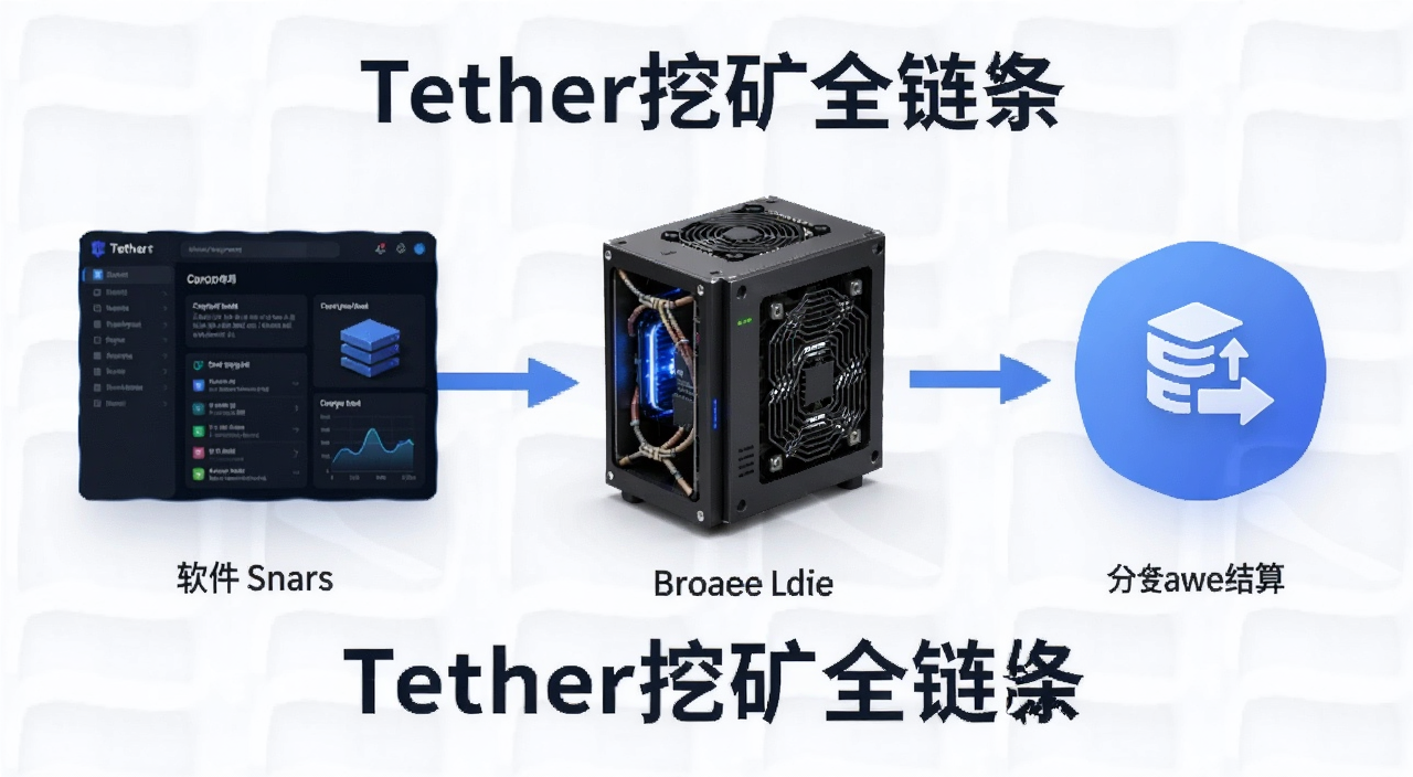 数字货币挖矿全链条布局示意图,包含软件界面、矿机硬件和金融结算图标,标注“Tether挖矿全链条”字样