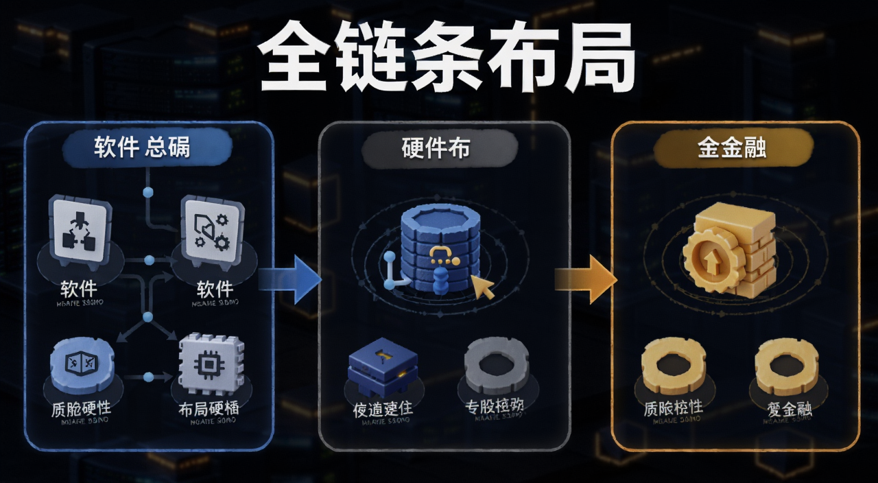 Tether挖矿全链条布局总结图,包含软件、硬件、金融三个模块,标注“全链条布局”