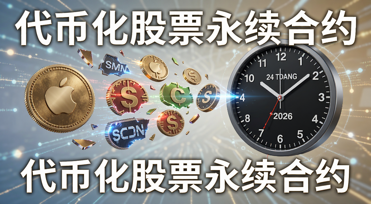 2026年代币化股票市场永续合约崛起概念图,画面中央是苹果特斯拉股票代码变成代币碎片飘向24小时交易时钟,文字标注“代币化股票永续合约”