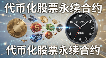 2026年代币化股票市场永续合约崛起概念图,画面中央是苹果特斯拉股票代码变成代币碎片飘向24小时交易时钟,文字标注“代币化股票永续合约”
